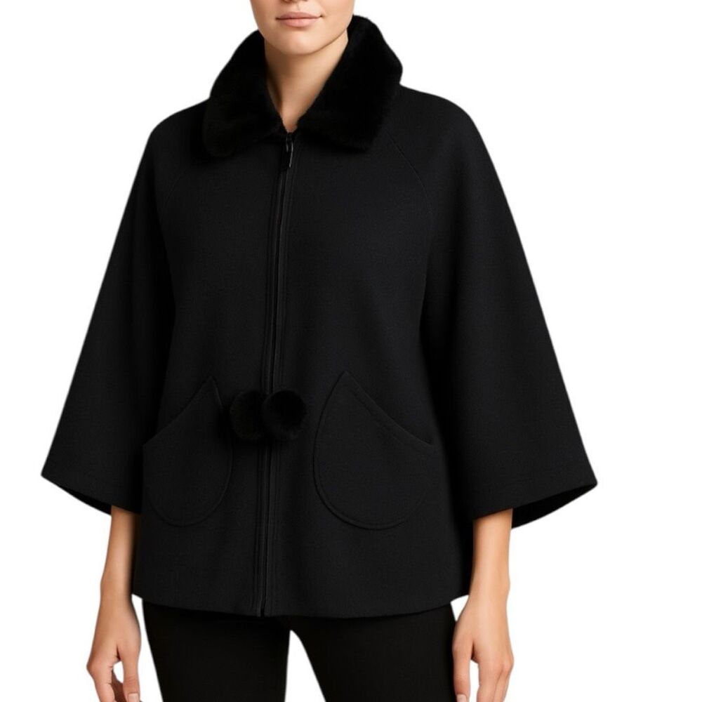 Black Le Moda Poncho Cape Coat with Faux Fur Collar and Pom Pom Ties Full Zip - Picture 1 of 7